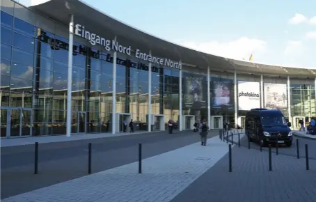  ??  ?? The north entrance, pictured during the 2014 Photokina. The black Mercedes van is one of the free shuttle buses provided for the press.