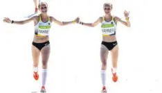  ?? Foto: dpa ?? Keine Freude hatte der Leichtathl­etik-Verband an diesem Bild: Die Zwillinge Lisa (links) und Anna Hahner überqueren Hand in Hand die Ziellinie.