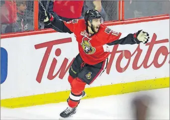  ?? THE CANADIAN PRESS] [ADRIAN WYLD/ ?? Senators center Derick Brassard, celebratin­g after scoring against the Rangers in Game 5 of a second-round series victory, has proved cool under pressure in the postseason.