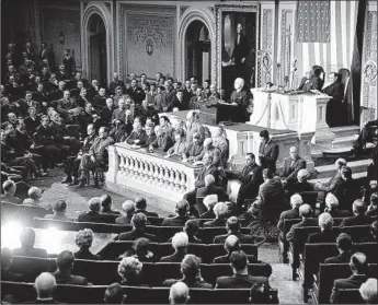  ?? Associated Press ?? PRESIDENT TRUMAN delivers his State of the Union address in 1947. The 33rd president, once barely possessing the approval of 2 in 5 Americans, today regularly ranks among the top U.S. chief executives.