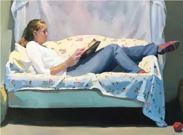  ??  ?? Reading, acrylic on panel, 18 x 24" (46 x 61 cm)
At least once a year for the past 12 years, I study with artist Peggi Kroll Roberts. This is a painting of her daughter Ali, who has often modeled for workshops. I took advantage and used her image to do this painting on my own. The sense of a bright light and shadow help define the shape of her body, cloth and sofa. Sometimes I am reminded how fun it is to paint and this was so much fun!