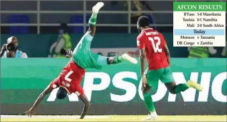  ?? ?? Deon Hotto celebratin­g his famous goal against Tunisia last night at the ongoing AFCON 2023 in Cote d'Ivoire