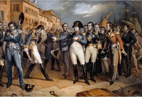  ??  ?? Napoléon Ier (1769-1821), sur l’île d’Aix, se confie à la loi britanniqu­e et se rend le 14 juillet 1815, lithograph­ie (vers 1815).