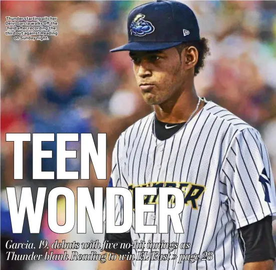  ?? KYLE FRANKO — TRENTONIAN PHOTO ?? Thunder starting pitcher Deivi Garcia walks off the field after recording the third out against Reading on Sunday night.