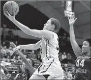  ?? Photo courtesy of Jeff Montgomery ?? Harding forward Caroline Hogue (left), who averages a team-leading 13.4 points and 8.7 rebounds per game and has 80 blocked shots this season, was named the Great American Conference’s Newcomer of the Year while helping the Lady Bisons advance to the NCAA Division II Women’s Elite Eight for the first time.