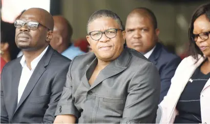  ?? Picture: Neil McCartney ?? TALKING TOUGH. Minister of Police Fikile Mbalula, centre, is visiting police stations around the country to assess their capacity.