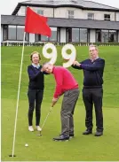  ??  ?? Co Cavan’s PGA profession­al Bill Noble, pictured with club captains Carmel McIntyre and John Smyth head of his Mission 99 adventure