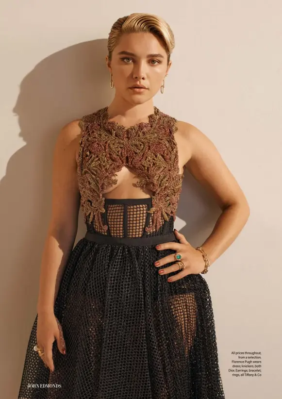  ?? ?? All prices throughout,
from a selection. Florence Pugh wears dress; knickers, both Dior. Earrings; bracelet;
rings, all Tiffany & Co