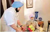  ??  ?? Punjab CM Captain Amarinder Singh greets Former Director General of Police Kanwar Pal Singh Gill who is credited with having brought the Punjab insurgency under control in Chandigarh on Thursday