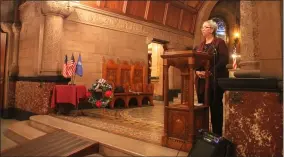  ?? LAUREN HALLIGAN - MEDIANEWS GROUP ?? Rensselaer County and Troy historian Kathy Sheehan speaks during a ceremony honoring Samuel “Uncle Sam” Wilson on Sunday at Oakwood Cemetery’s Gardner Earl Memorial Chapel in Troy.