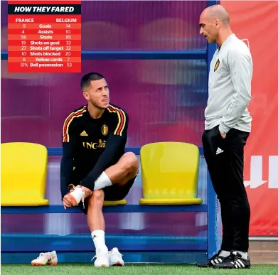  ?? AFP ?? Belgium’s coach Roberto Martinez (right) speaks with Belgium’s forward Eden Hazard during a training session on Monday. —