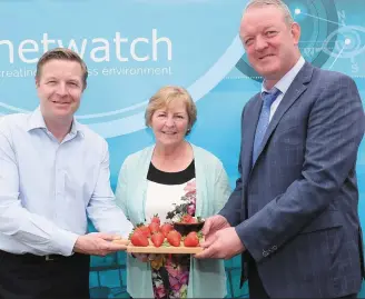  ??  ?? Mary Clarke of Clarke’s Fresh Fruits in Stamullen with RTE’s Darragh Maloney and Munster and Ireland rugby legend Mick Galwey at the celebratio­n of Strawberry Season on Clarke’s Farm