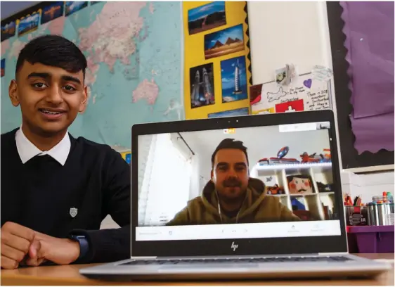  ??  ?? Awish Ul Haq with his MCR Pathways mentor John Campbell during a video meeting
Picture: Colin Mearns