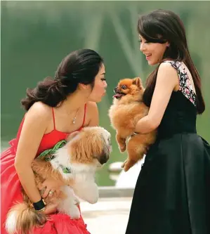  ?? GALIH COKRO/JAWA POS ?? FLUFFY: Samantha Bowlin dan Anggie Rose (kanan) bercanda dengan anjing peliharaan mereka. Foto kiri, Wenny Sukamto (kanan) dan Ajeng Denisce memelihara anjing samoyed dan pomeranian.