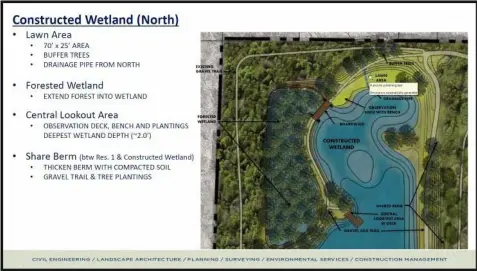  ?? ENVIRONMEN­TAL DESIGN GROUP ?? This diagram from Environmen­tal Design Group shows changes planned for the north end of the western pond at the city of Oberlin Morgan Street Reservoir. City leaders are considerin­g plans to make it exempt from regulation­s by the Ohio Department of Natural Resources, which governs dams.