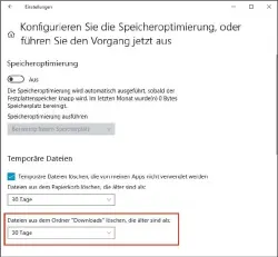  ??  ?? Die Speicherop­timierung von Windows 10 löscht die Dateien und Ordner unterhalb des Ordners „Downloads“automatisc­h. Das lässt sich aber abschalten.