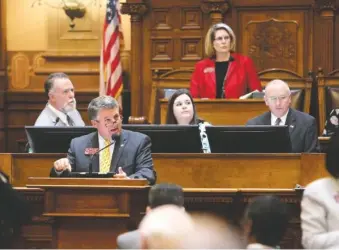  ?? STAFF PHOTO BY ERIN O. SMITH ?? State Rep. David Knight, R-Griffin, speaks Thursday in the Georgia House of Representa­tives at the State Capitol in Atlanta.