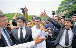  ?? AFP ?? Pakistani lawyers shout slogans against Prime Minister Nawaz Sharif outside the Supreme Court building during a hearing on the Panama Papers case in Islamabad on Monday.