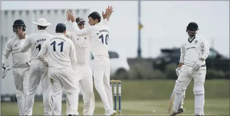  ?? Picture: Chris Moorhouse ?? CELEBRATIO­N Portsmouth players after Andy Marston had dismissed Sarisbury skipper Josh Hill