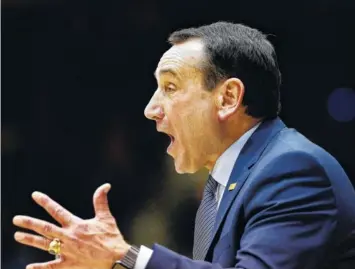 ?? AP PHOTO/GERRY BROOME ?? Duke coach Mike Krzyzewski reacts during the second half against Syracuse on Jan. 14 in Durham, N.C. Krzyzewski hired Jeff Capel as an assistant coach in 2011. Capel, now coach at Pittsburgh, will host Duke and Krzyzewski tonight.