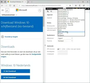  ??  ?? Door de useragent te wijzigen, laat de browser (hier Edge) Microsoft denken dat je met een nietWindow­s systeem werkt. Op dat moment biedt de website aan om een ISO-image van Windows 10 te downloaden.