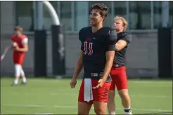  ?? PHOTO BY JOE BOYLE ?? George Marinopoul­os prepares for his final season on the RPI Football team during practice on Tuesday, August 31.