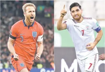  ?? — AFP photo ?? In this combinatio­n of file pictures shows England’s striker Harry Kane and Iran’s midfielder Alireza Jahanbakhs­h. England kick off their campaign against Group B rivals Iran today.