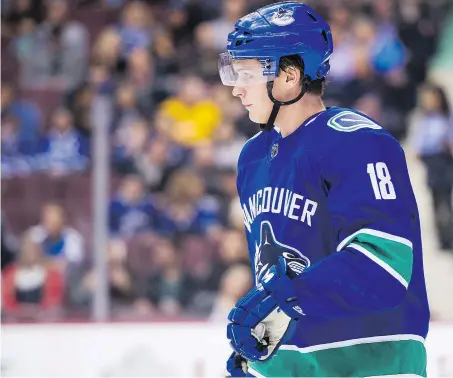  ?? GERRY KAHRMANN / PNG FILES ?? Jake Virtanen deserved praise and criticism Saturday against the Sharks — praise for his screen on Nikolay Goldobin’s power-play goal and criticism for a late backcheck on Logan Couture.