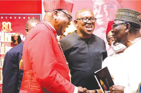  ?? ?? Emeritus Catholic Archbishop of Abuja, Cardinal John Onaiyekan ( left); Labour Party ( LP) presidenti­al candidate in the 2023 general elections, Peter Obi and former Head of State, General Yakubu Gowon ( rtd), during the cleric’s 80th birthday celebratio­n in Abuja… yesterday. PHOTO: LUCY LADIDI ATEKO