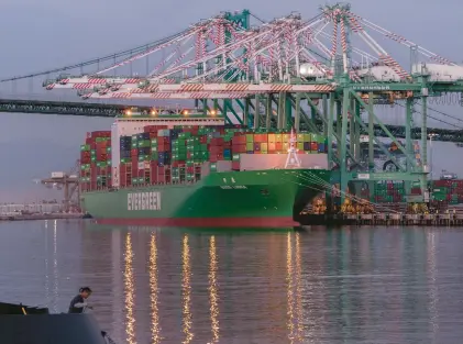  ?? DAMIAN DOVARGANES/AP ?? The container ship Ever Libra is moored at the Port of Los Angeles. A 2023 poll conducted for the Chicago Council on Global affairs found that 74% of those surveyed thought that internatio­nal trade is good for the U.S. economy and 82% thought that internatio­nal trade is “good for consumers like themselves.”