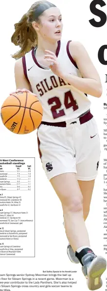  ?? Bud Sullins/Special to the Herald-Leader ?? Siloam Springs senior Sydney Moorman brings the ball up the floor for Siloam Springs in a recent game. Moorman is a three-year contributo­r to the Lady Panthers. She’s also helped the Siloam Springs cross country and girls soccer teams to state titles.