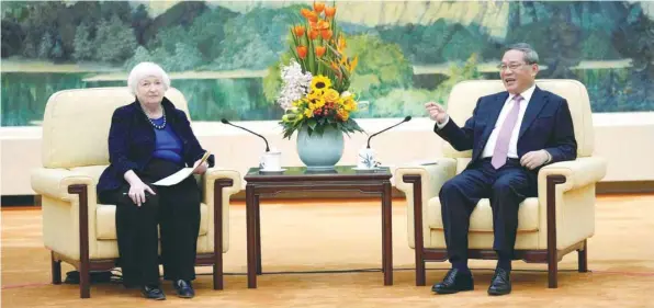  ?? — Reuters ?? US Treasury Secretary Janet Yellen meets Chinese Premier Li Qiang at the Great Hall of the People in Beijing.