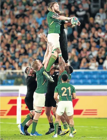  ?? Picture: Adam Pretty/Getty Images ?? The Boks have liftoff — in the shape of bearded, rocket-like lock RG Snyman. It was one of the few highlights for SA in the 23-13 defeat by New Zealand in the opening match for both at the Rugby World Cup yesterday.