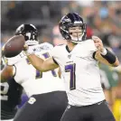  ?? NICK WASS/AP ?? Trace McSorley looks to pass during last week’s preseason game against the Packers, but the Ravens anticipate using the rookie in many more ways than just a quarterbac­k.