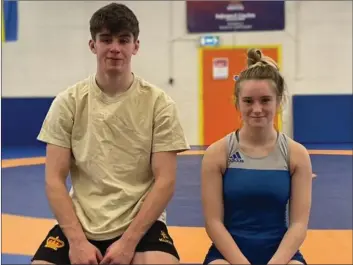  ?? ?? Darragh Love (Erne Wrestlers) and TJ Baker (Carrickfer­gus) at the GB squad session in Manchester.