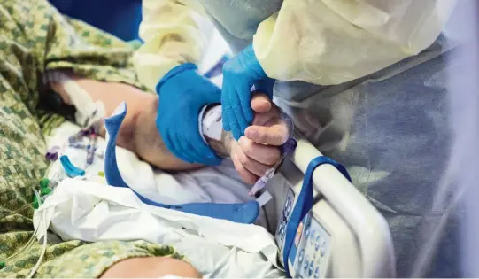  ?? KYLE GREEN AP ?? In this Aug. 31, 2021, file photo, a nurse holds the hand of a COVID-19 patient in the Medical Intensive care unit (MICU) at St. Luke’s Boise Medical Center in Boise, Idaho. Justice in Aging wants the U.S. Department of Health and Human Services to investigat­e Idaho’s health care rationing plan, contending that it discrimina­tes against older adults.