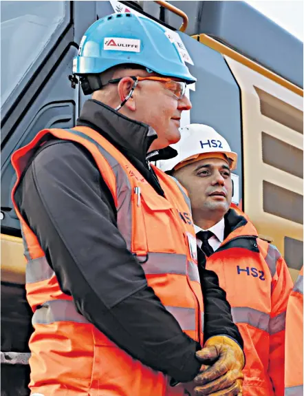  ??  ?? Boris Johnson and Chancellor Sajid Javid met machinery operator Chris Cassell at HS2 works in Birmingham yesterday