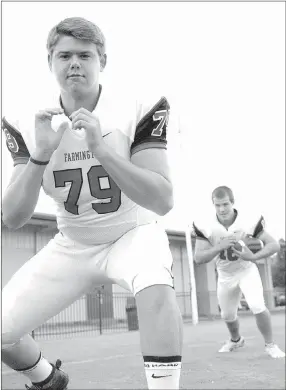  ?? MARK HUMPHREY ENTERPRISE-LEADER ?? Tanner Barnes, shown blocking for tailback Caleb Williams, started at left tackle as the only senior on the 2016 Farmington offensive line. Barnes is an All-State selection in football for the 2016 season.