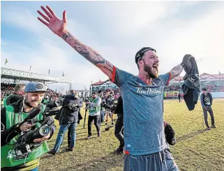  ?? COURTESY OF RYAN MCCULLOUGH ?? Kitchener’s David Edgar celebrates Forge FC’S CPL championsh­ip in early November 2019.