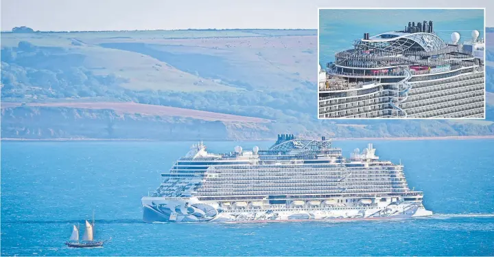  ?? Finnbarr Webster/Getty Images ?? >
Cruise ship Norwegian Prima arrives at Portland Port in Dorset. The Norwegian Prima is the first ship in Norwegian Cruise Line’s Prima Class