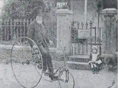  ??  ?? Dr Sydney Robinson, a homeopathi­c surgeon of Ryrie St, on his Singer Omnicycle tricycle in the 1880s.