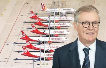  ?? FOTOS: DPA / MONTAGE: RP ?? Thomas Winkelmann (57) kämpft gegen Überschuld­ung und Verspätung­en bei Air Berlin. Zuvor war der Deutsch-Amerikaner 20 Jahre im Lufthansa-Konzern tätig.