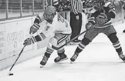  ?? PHOTO COURTESY OF TYSON STALLKAMP ?? Notre Dame Prep forward Connor Perdue handles the puck during a game.