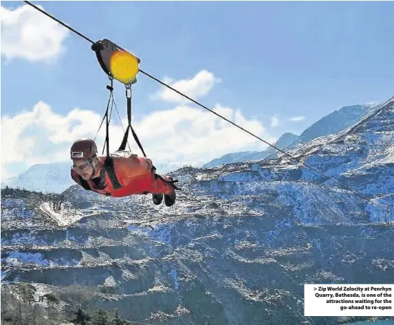  ??  ?? > Zip World Zelocity at Penrhyn Quarry, Bethesda, is one of the attraction­s waiting for the go-ahead to re-open