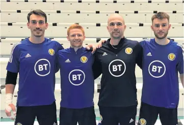  ??  ?? Brothers in arms Local futsal players Ben O’Hanlon, Kyle Ballingall and Fraser Smith alongside head coach Gordon McGillivra­y ahead of start-up in Belgium this week