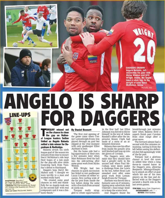  ??  ?? DAGGERS DRAWN! Angelo Balanta, left, celebrates his goal with Myles Weston and Will Wright. Insets, Mo Sagaf takes a shot, top, to the delight of boss Daryl McMahon, below