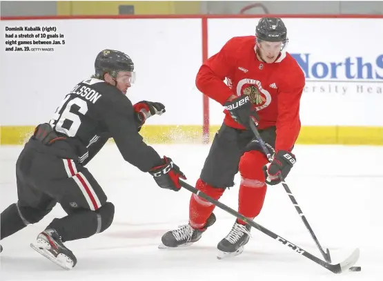  ?? GETTY IMAGES ?? Dominik Kubalik (right) had a stretch of 10 goals in eight games between Jan. 5 and Jan. 19.