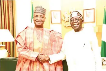  ?? ?? President Bola Tinubu ( right) and former governor of Sokoto State, Aliyu Magatakard­a Wamakko, at the Presidenti­al Villa, Abuja… yesterday.