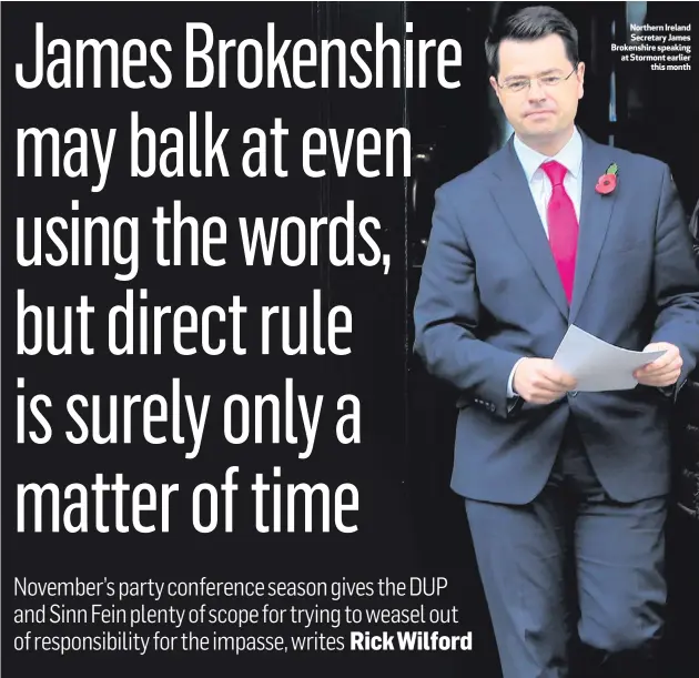  ??  ?? Northern Ireland Secretary James Brokenshir­e speaking at Stormont earlier
this month