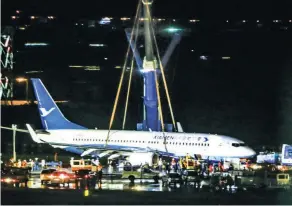  ??  ?? NEEDED LIFT – The Xiamen Airlines Boeing 737 plane that skidded off the runway of the Ninoy Aquino Internatio­nal Airport (NAIA) is finally lifted off the ground and towed by NAIA personnel to the Balabag ramp after being stuck for 36 hours. (Jun Ryan Aranas)